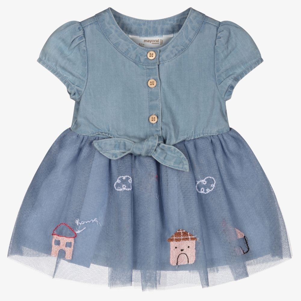 Mayoral Baby Girl Barn Embroidered Tulle Dress | size 1-2 months